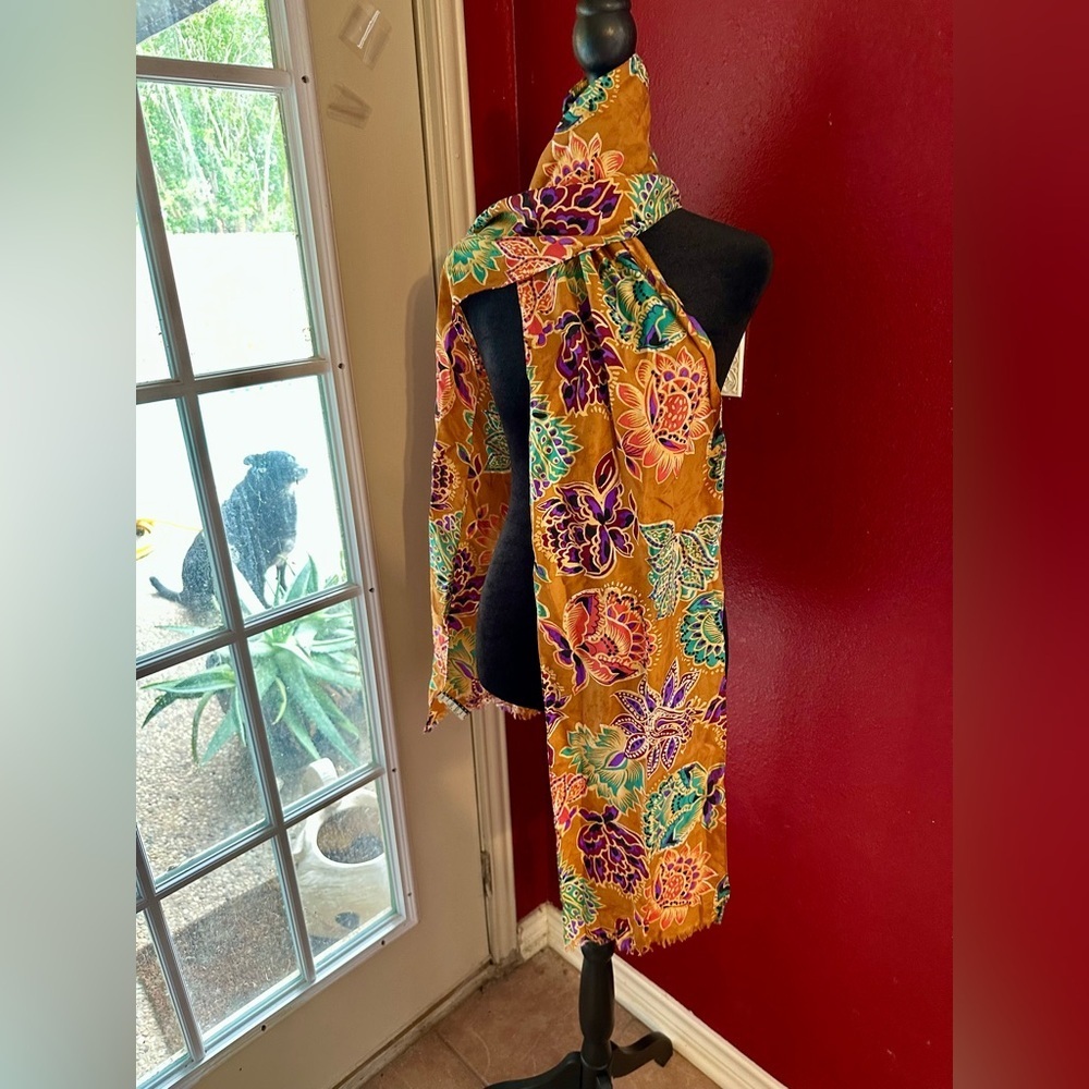 Vintage New York Studio 100% Silk Floral Scarf Wrap Boho Mustard Korea